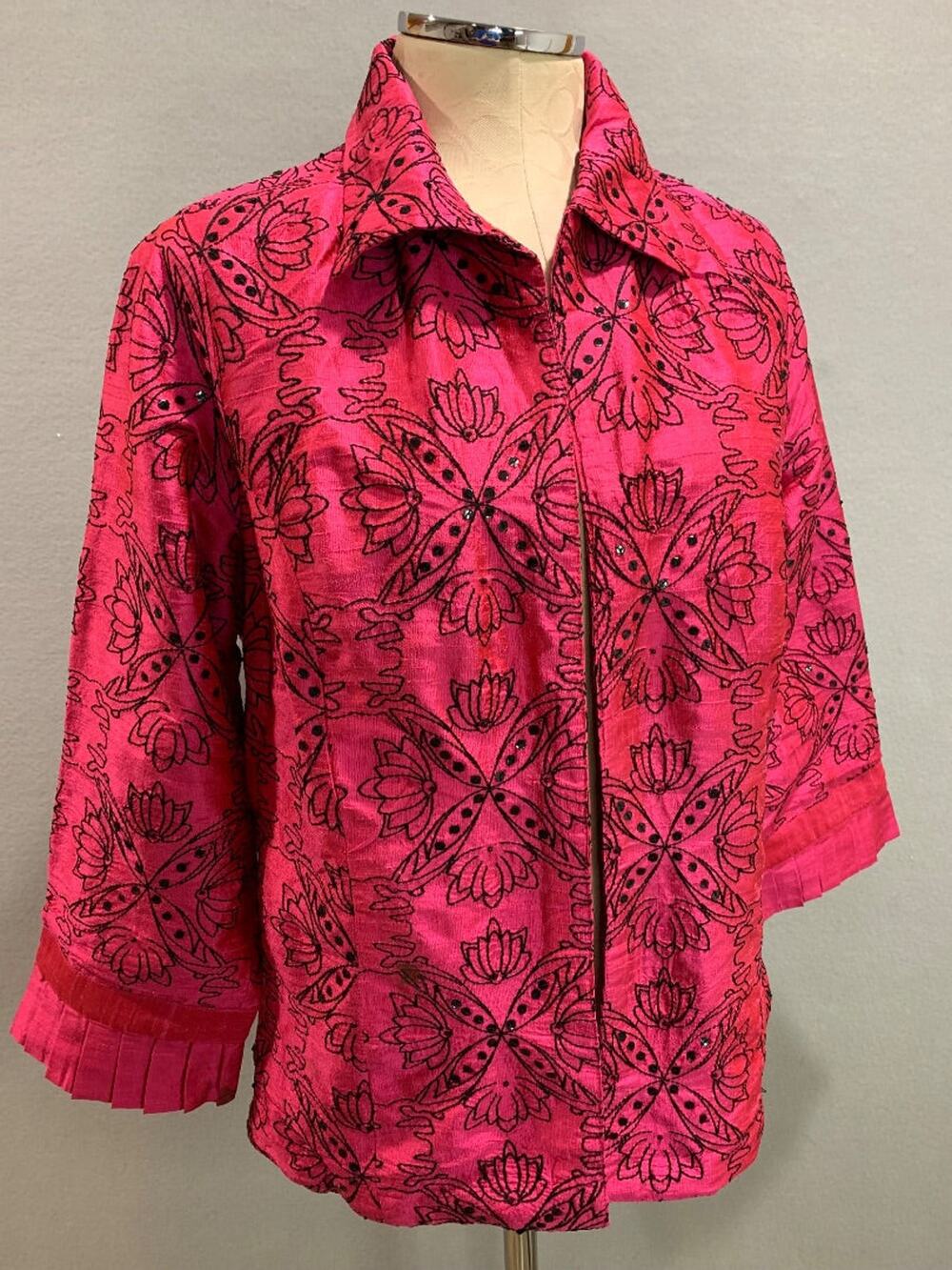 Medium Bleu Bayou Womens Hot Pink Silk Jacket Embroidered